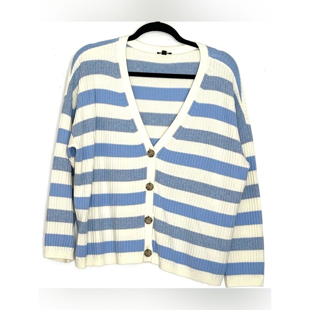 Talbots V-Neck Cardigan Sweater Light Blue White Stripe Size 1XP